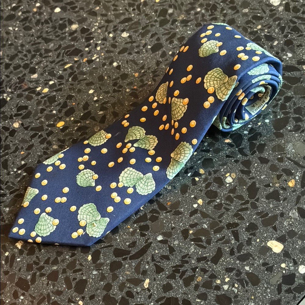 Hermes Navy Blue Seashell Silk Tie